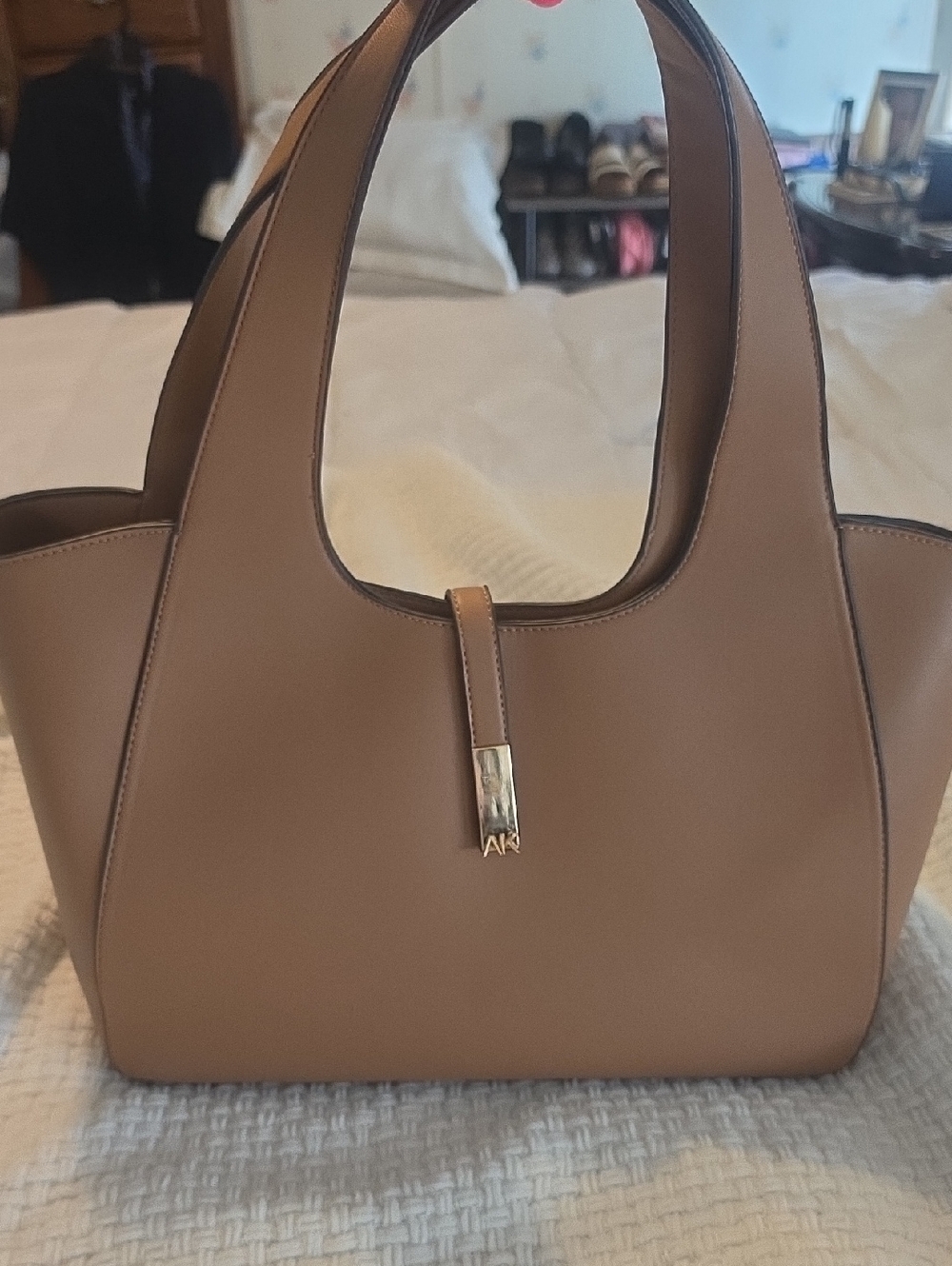 Anne Klein Taupe Brown Structured Tote with Gold Accent